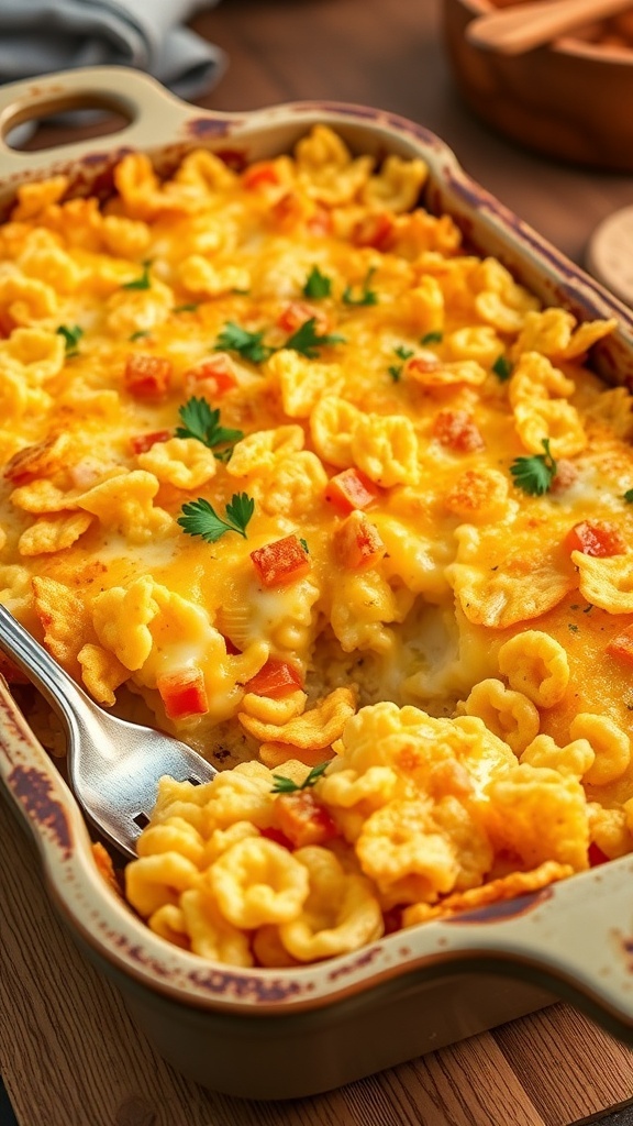 Crunchy Corn Flakes Casserole Recipe A golden corn flakes casserole with cheese and vegetables, served in a rustic dish.